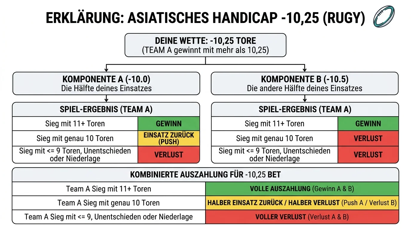 Quarter-Line Asian Handicap Rugby Beispiel mit -10,25 Split – Berechnung und Ergebnis-Szenarien erklärt