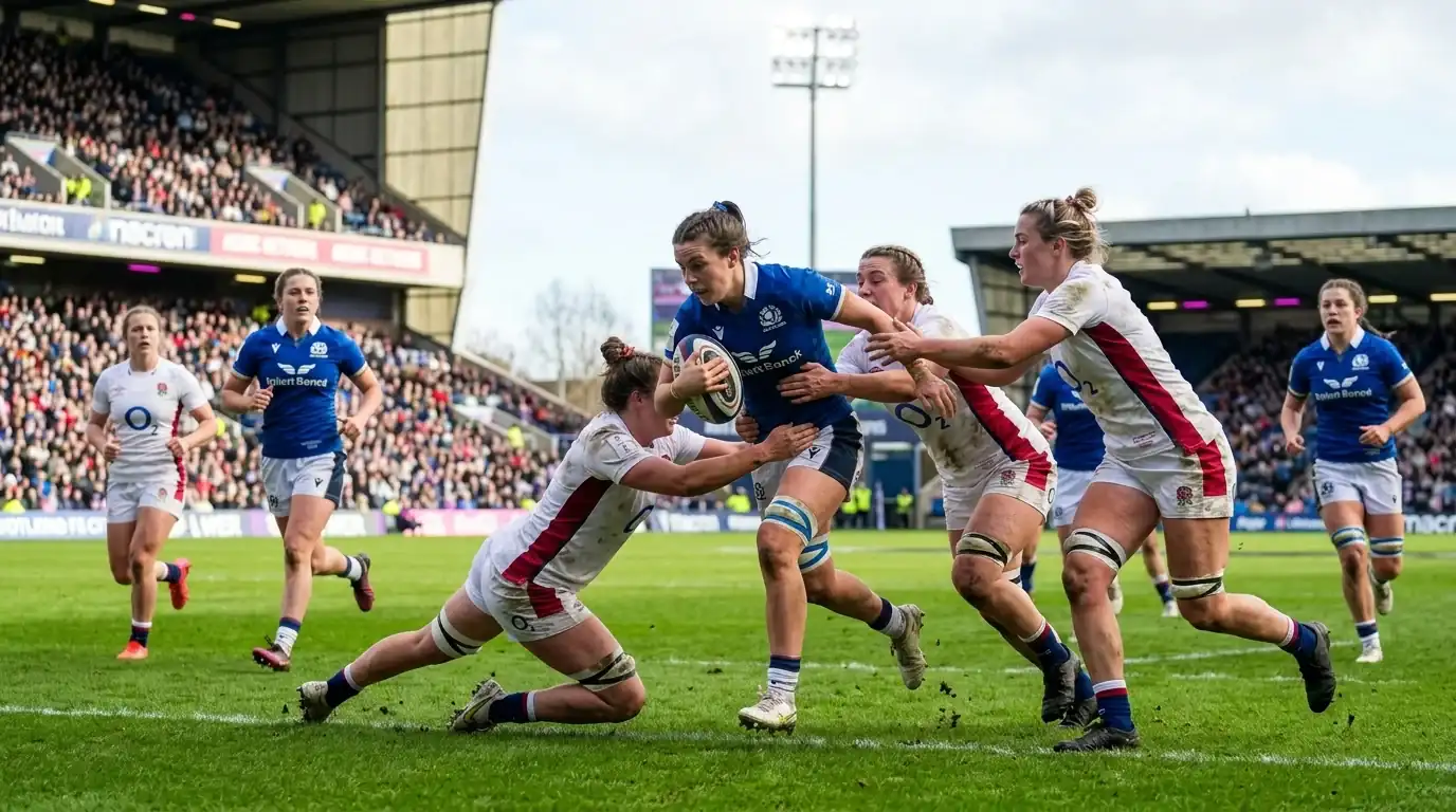 Frauen Rugby Wetten – Spielerinnen im Tackle beim Women's Six Nations Länderspiel