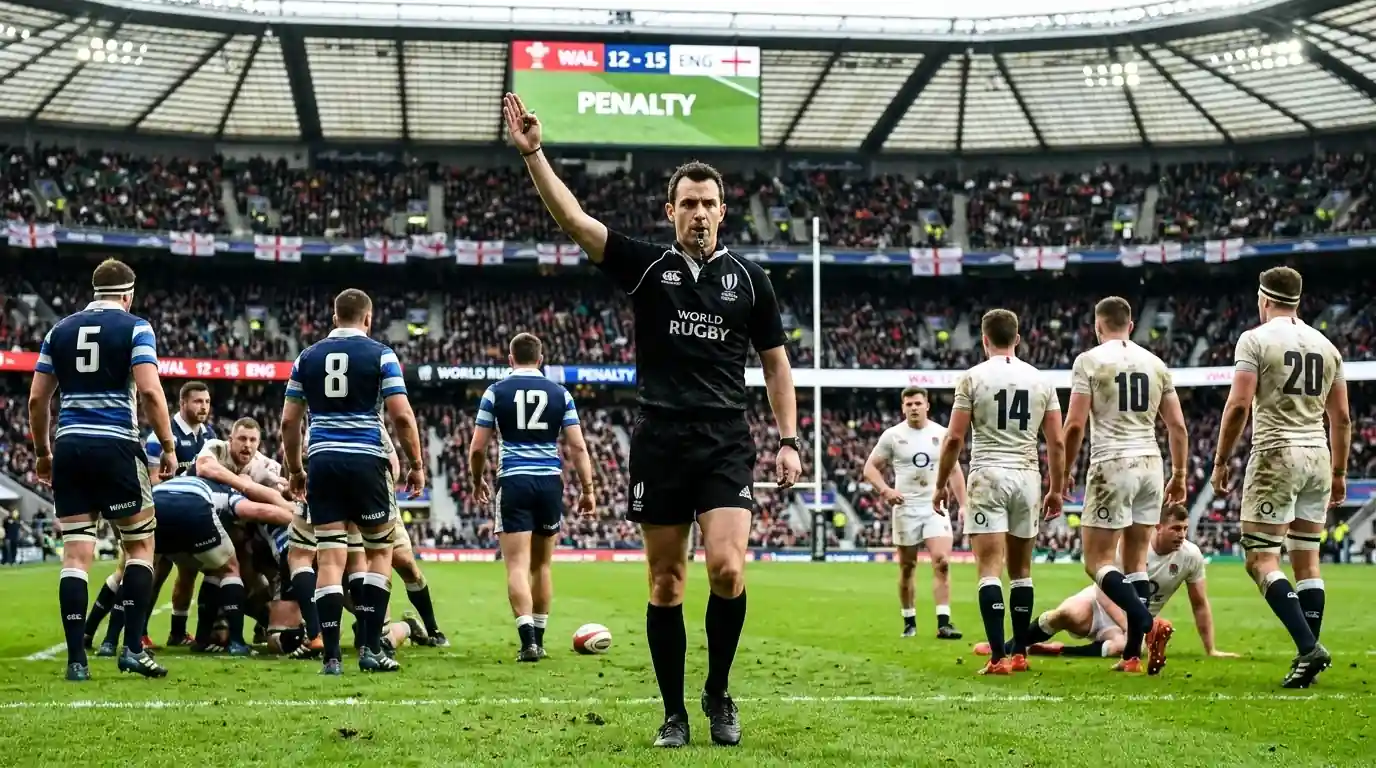 Rugby Schiedsrichter-Analyse Wetten – Referee zeigt Straftritt-Pfiff in einem Rugby Union Länderspiel