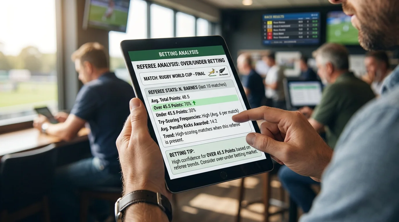 Praxisanwendung Rugby Schiedsrichter-Analyse – Tipper nutzt Referee-Daten für Über-Unter-Wetten auf Tablet