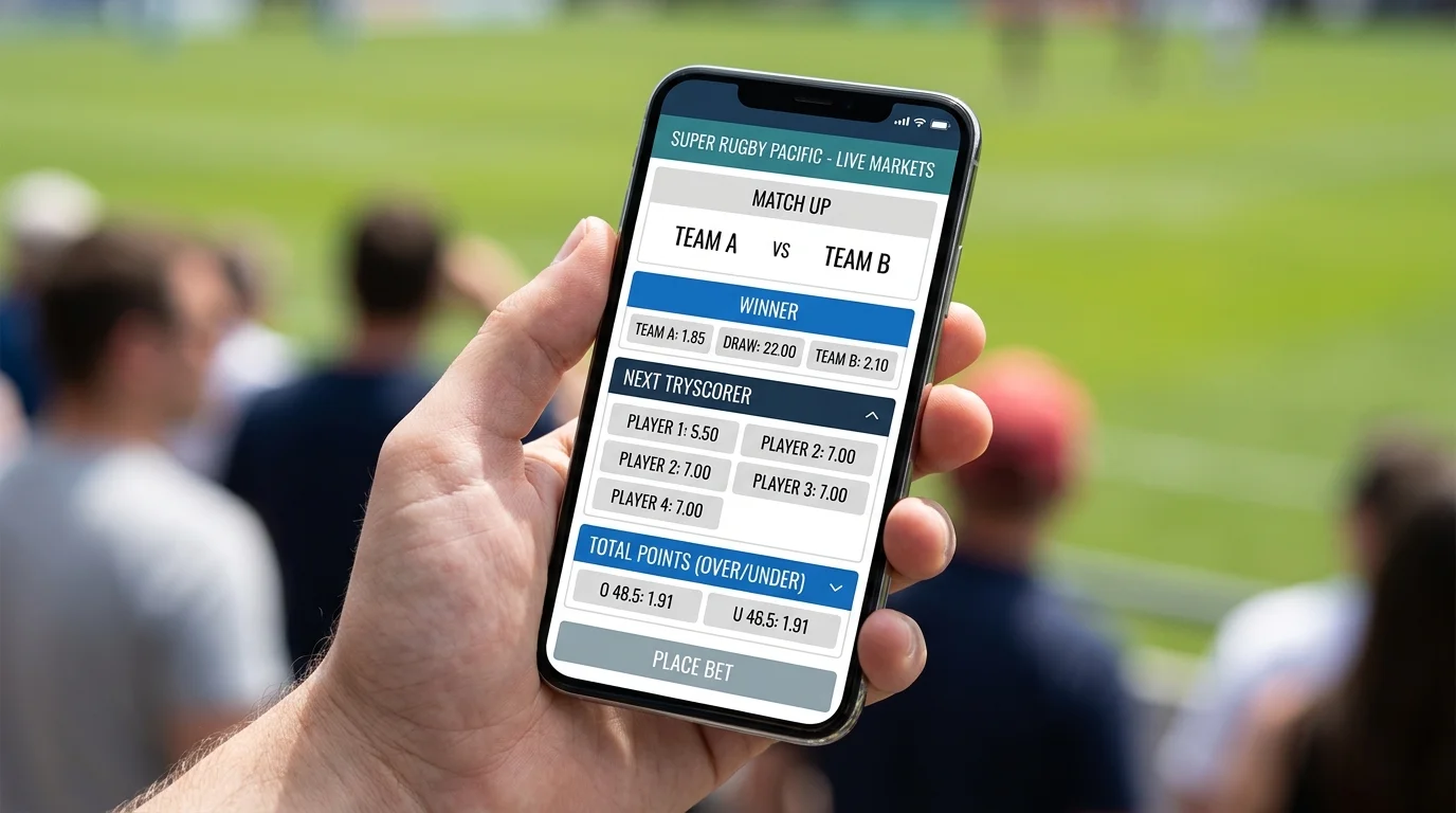 Super Rugby Pacific Live-Wettmärkte auf dem Smartphone-Screen eines deutschen Tipper-Nutzers