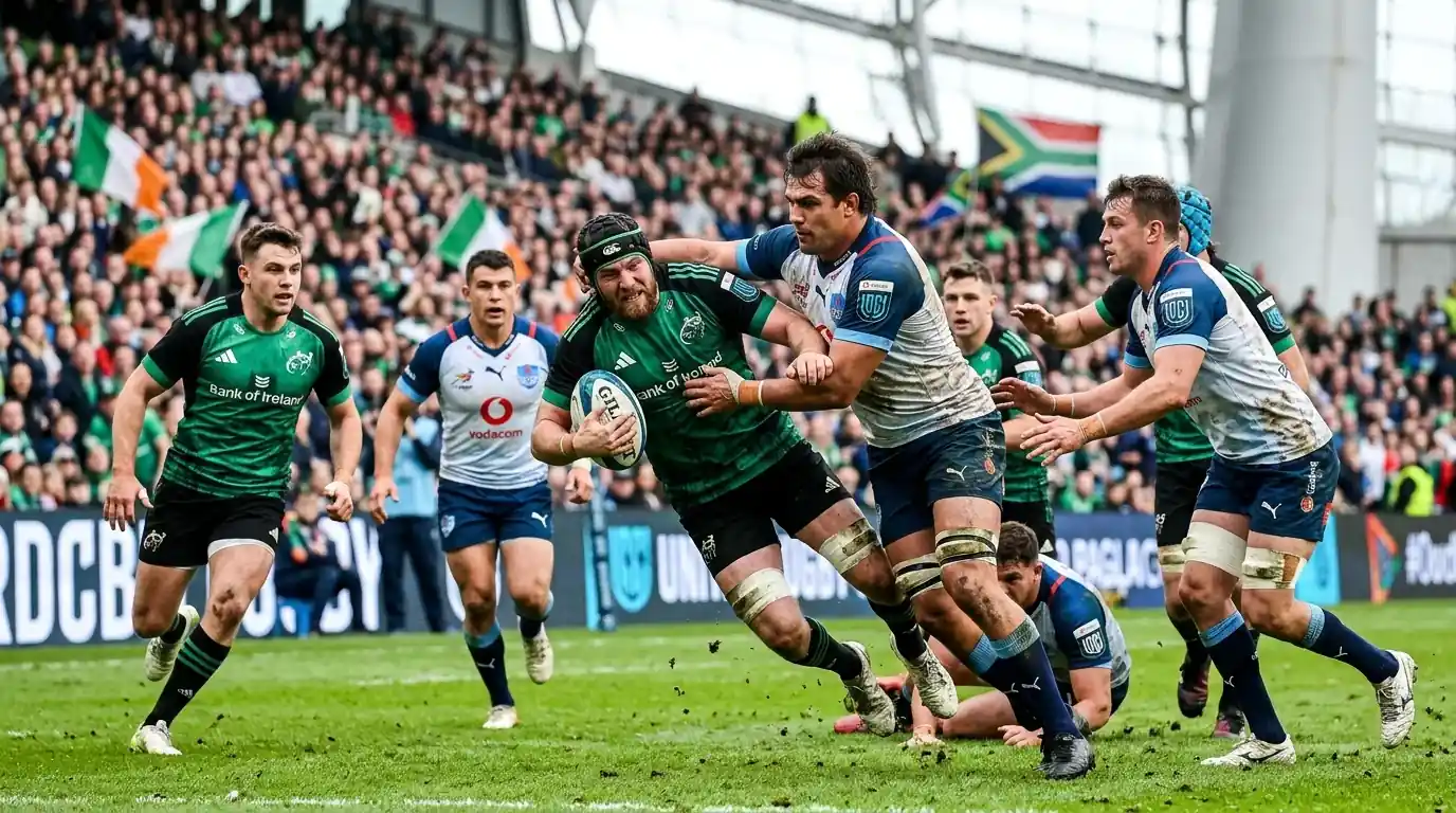URC Wetten – United Rugby Championship Trikots irischer und südafrikanischer Klubs auf dem Spielfeld